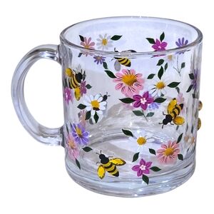 Bee Clear Glass Mug with Colorful Wildflowers Bling Rhinestone Cottagecore Cup